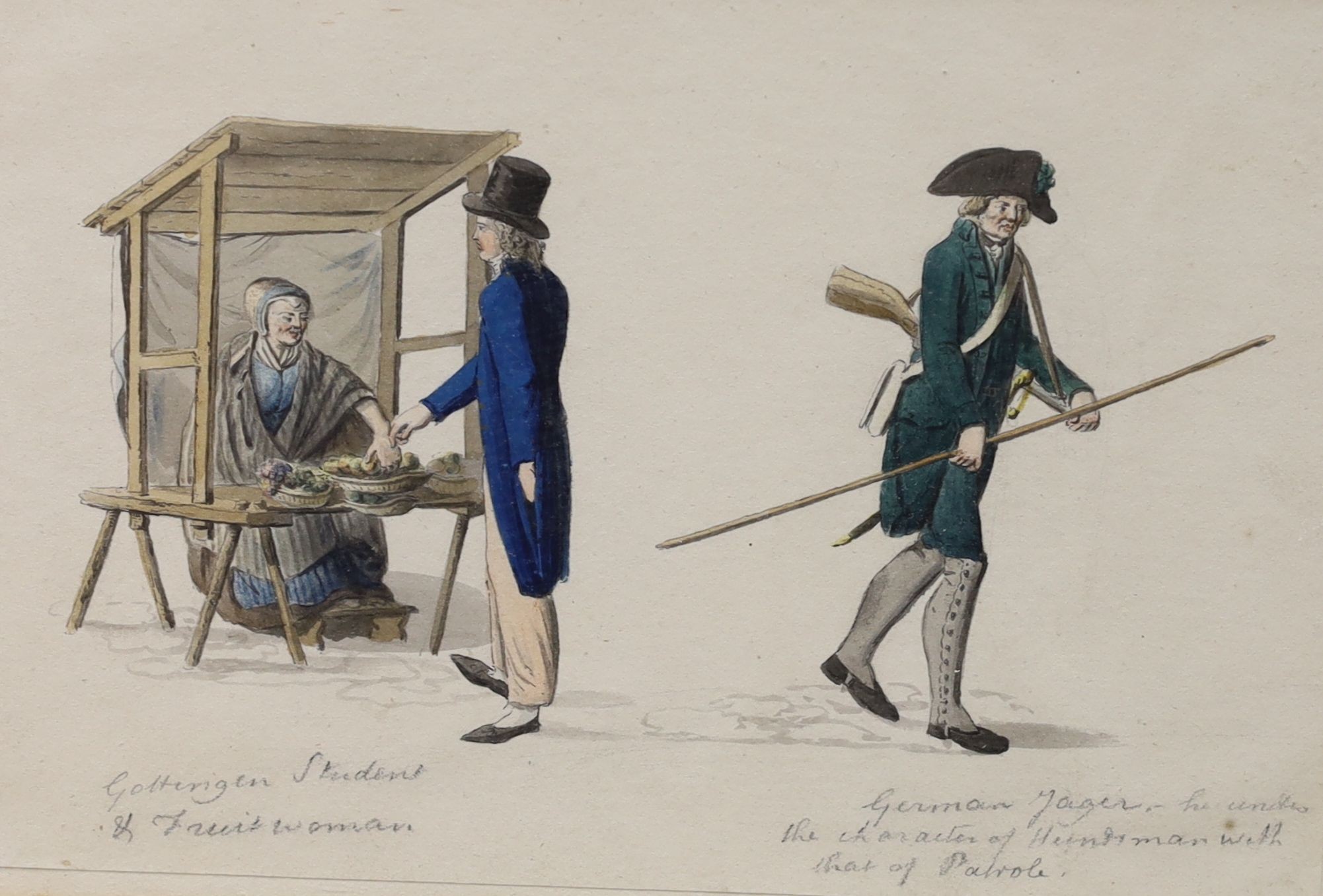 George Bellas Greenough (1778-1855), five watercolour and ink sketches, Gottingen characters, inscribed in English, one in French, 13 x 19cm and 18 x 13cm